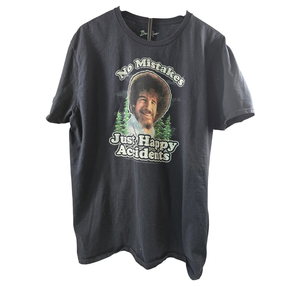 Bob Ross No Mistakes Just Happy Accidents Graphic T-Shirt Black Mens XL Cotton
